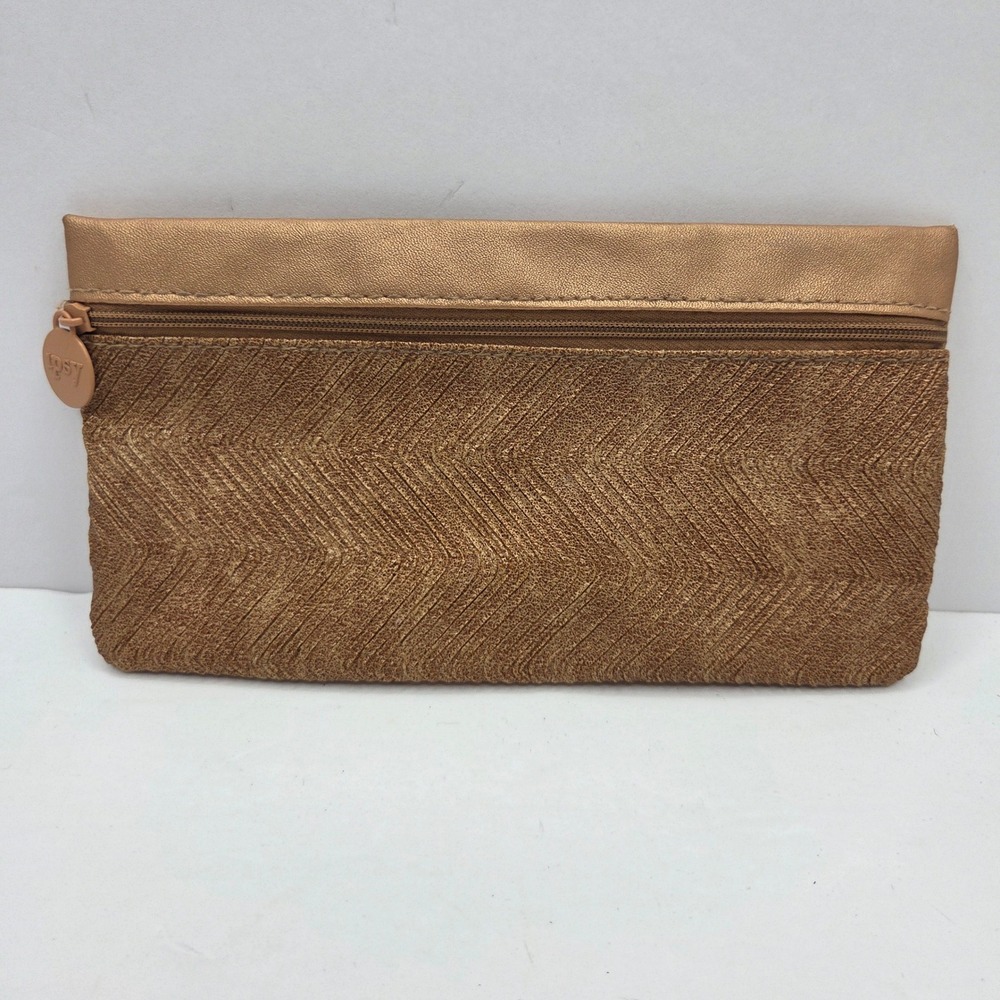 Ipsy Makeup Bag Cosmetic Pouch Bronze Gold Chevron Metallic Zipper Small
